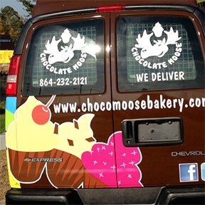 Rear of the Chocolate Moose cupcake delivery van Greenville SC