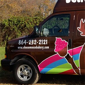 Front of the Chocolate Moose cupcake delivery van Greenville SC