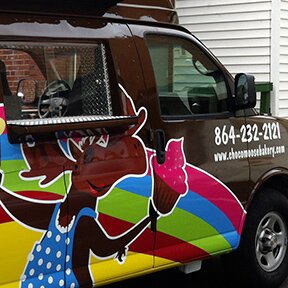Right side of the Chocolate Moose cupcake delivery van Greenville SC